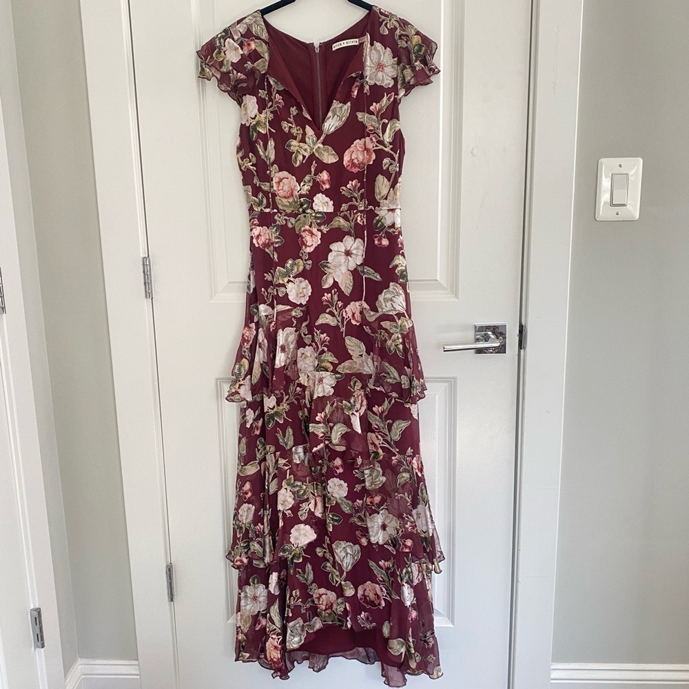Alice + Olivia Jenny Flutter Sleeve Ruffle Dress Hazy Floral Wine Burgundy Red - Picture 3 of 6